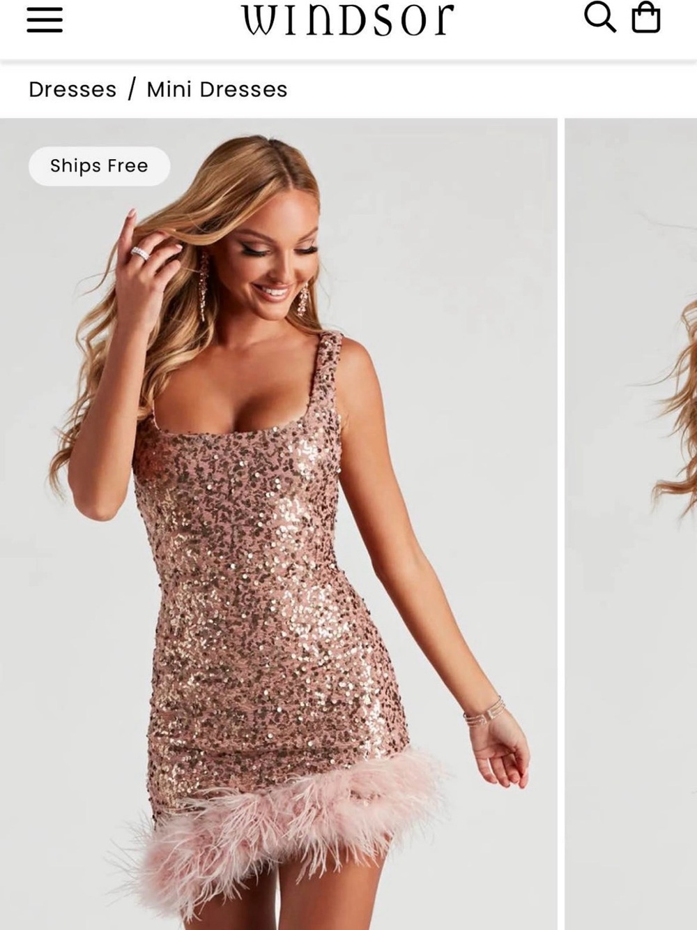 Windsor Rose Gold Sequin Mini Dress with Feather Hem